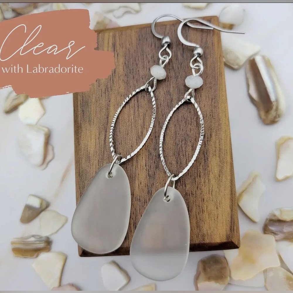 Clear Natural Sea Glass and Labradorite Lightweight Earrings